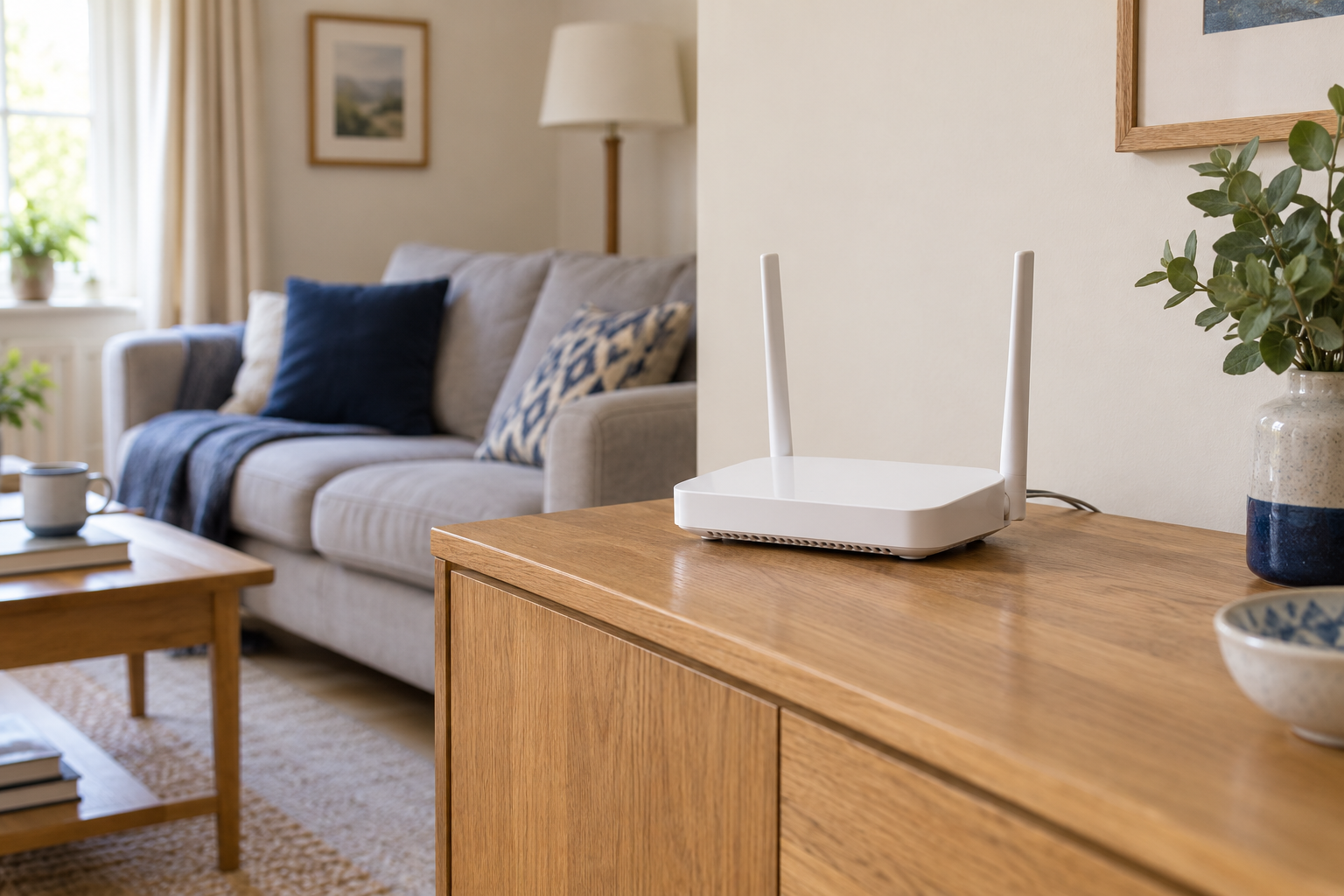 A wireless router on an open sideboard with space around it