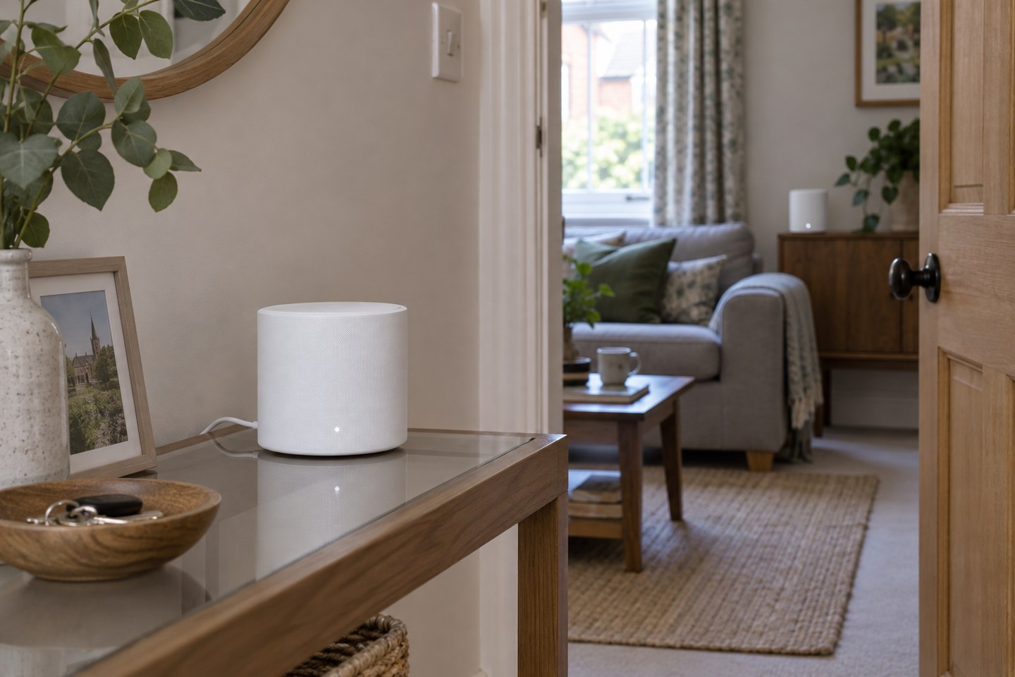 Two mesh Wi-Fi nodes in separate adjoining rooms
