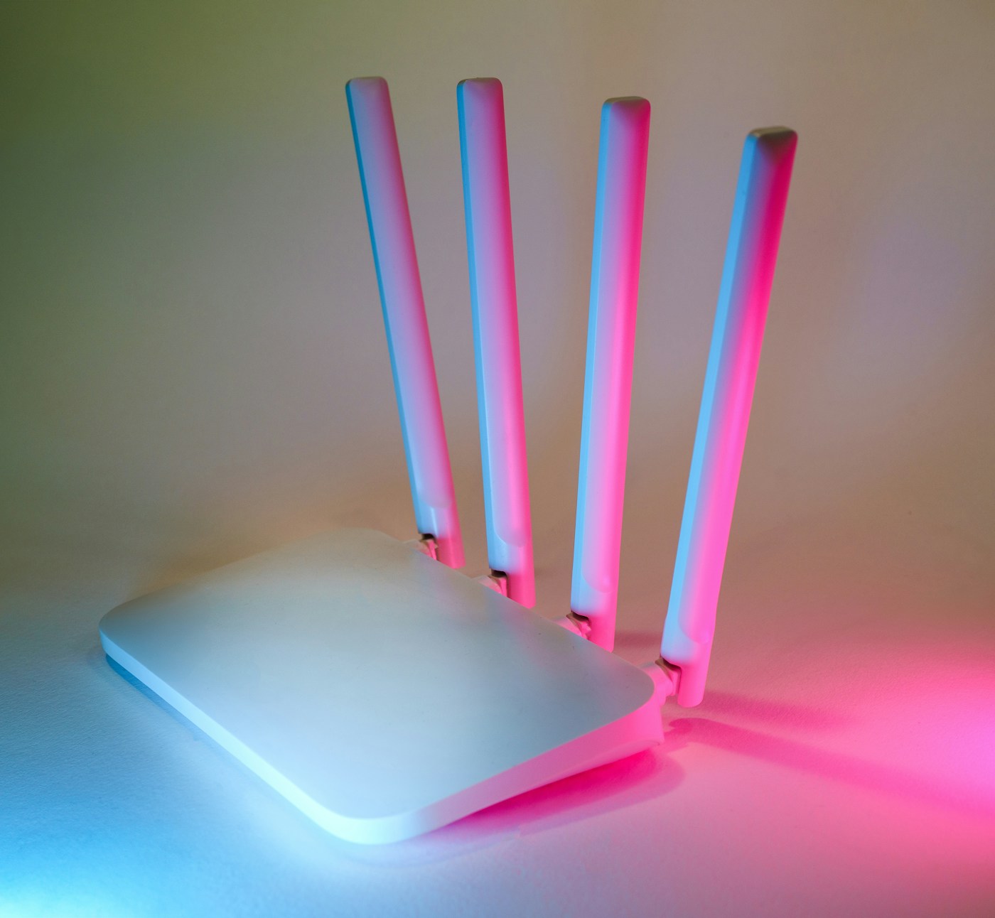A wireless router with four upright antennas