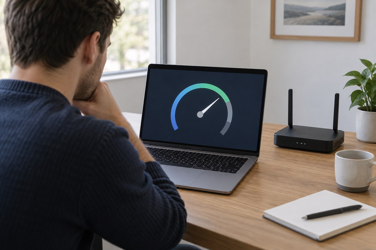 A person checking a speed-test gauge on a laptop beside a router