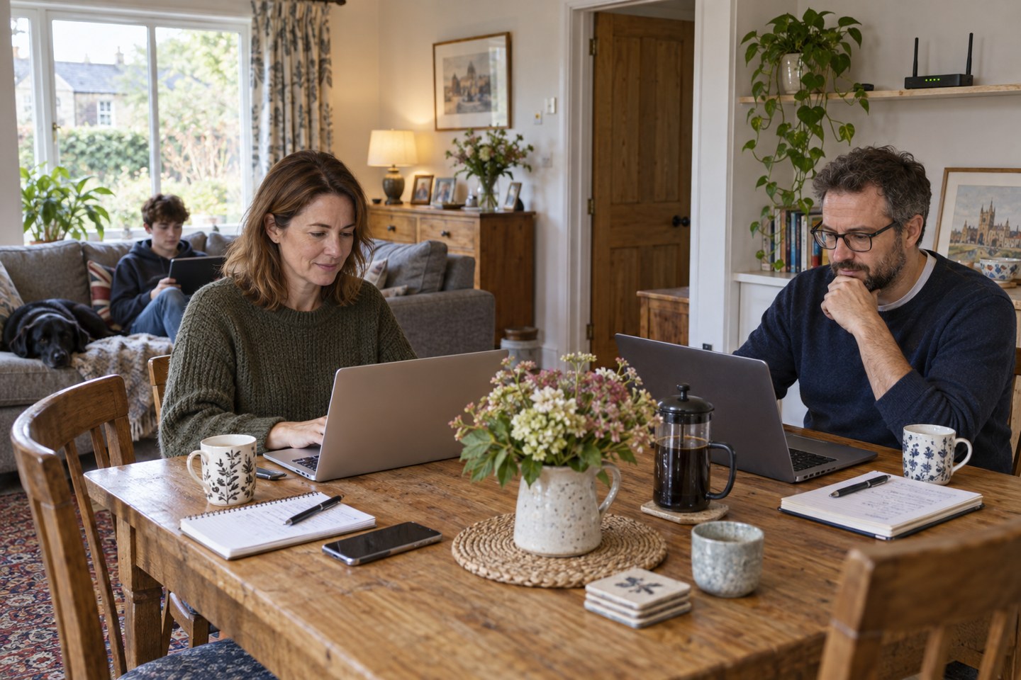 Household members using separate computers and a tablet
