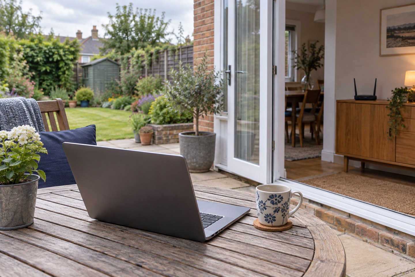 A laptop on a garden table with the router kept indoors