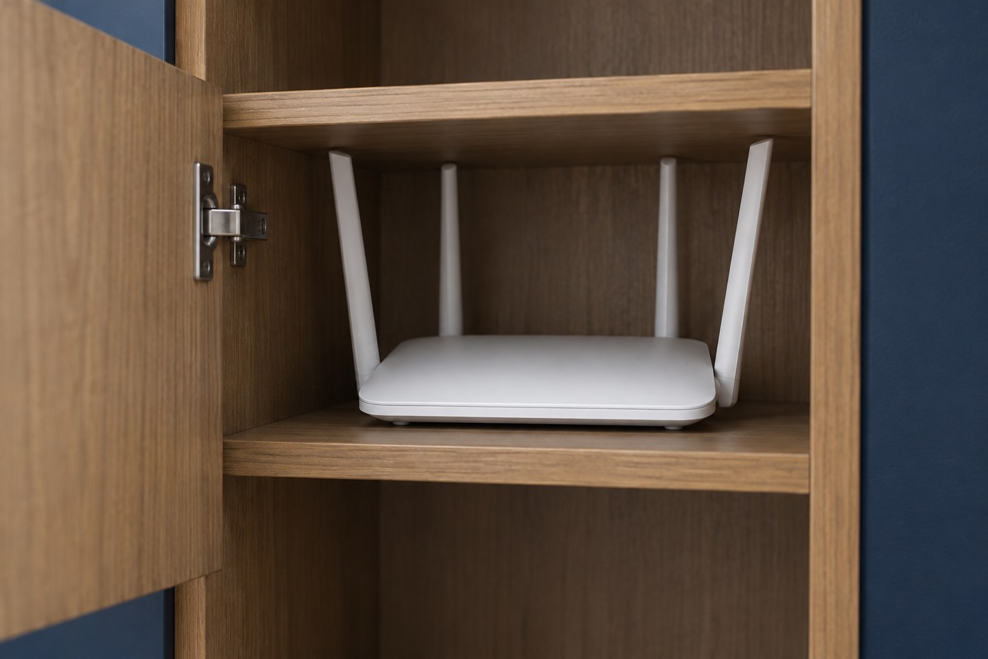A router in a cramped cupboard with its door open
