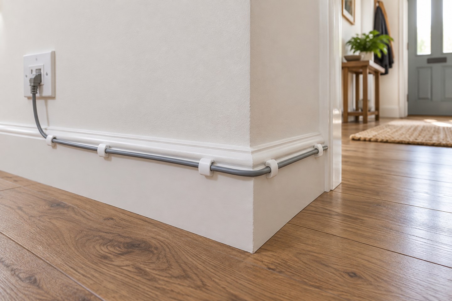 A network cable clipped neatly along a skirting board