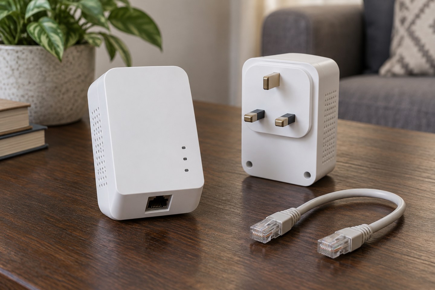 Two UK powerline adapters and a short Ethernet cable