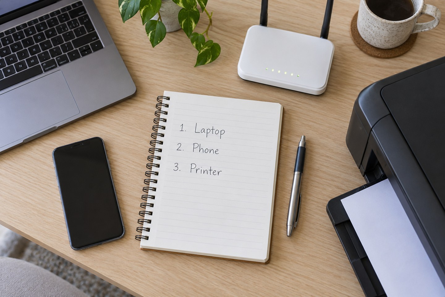 A notebook listing a laptop, phone and printer beside home devices