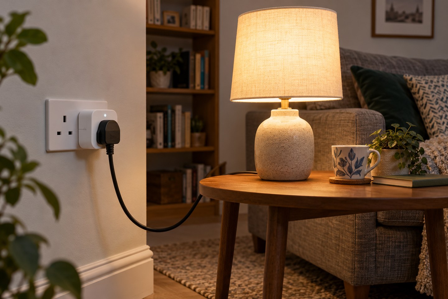 A table lamp connected through a UK smart plug