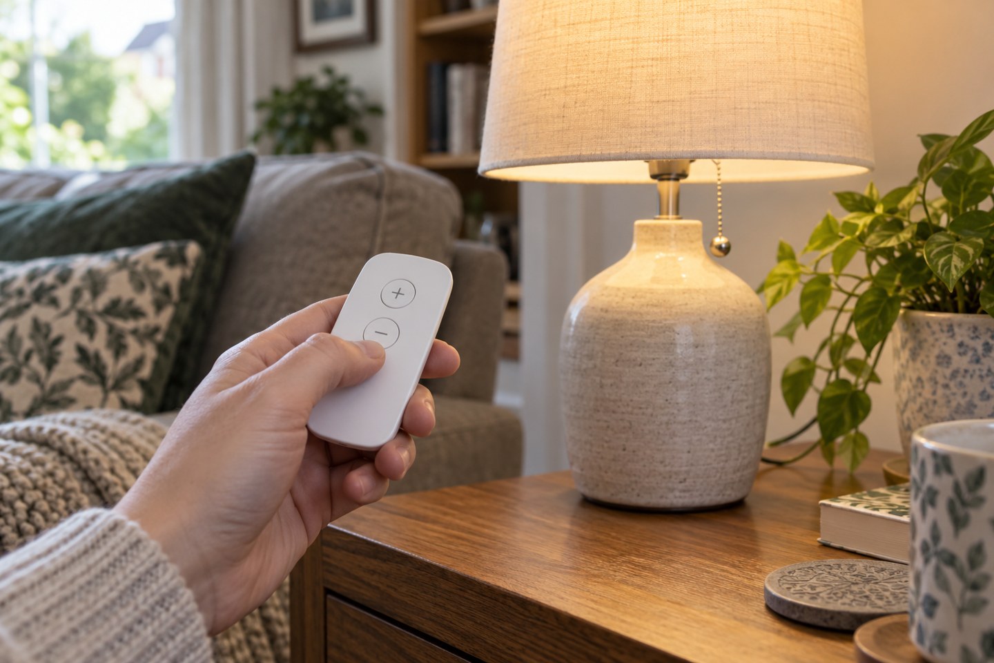 A hand using a wireless dimmer beside a table lamp