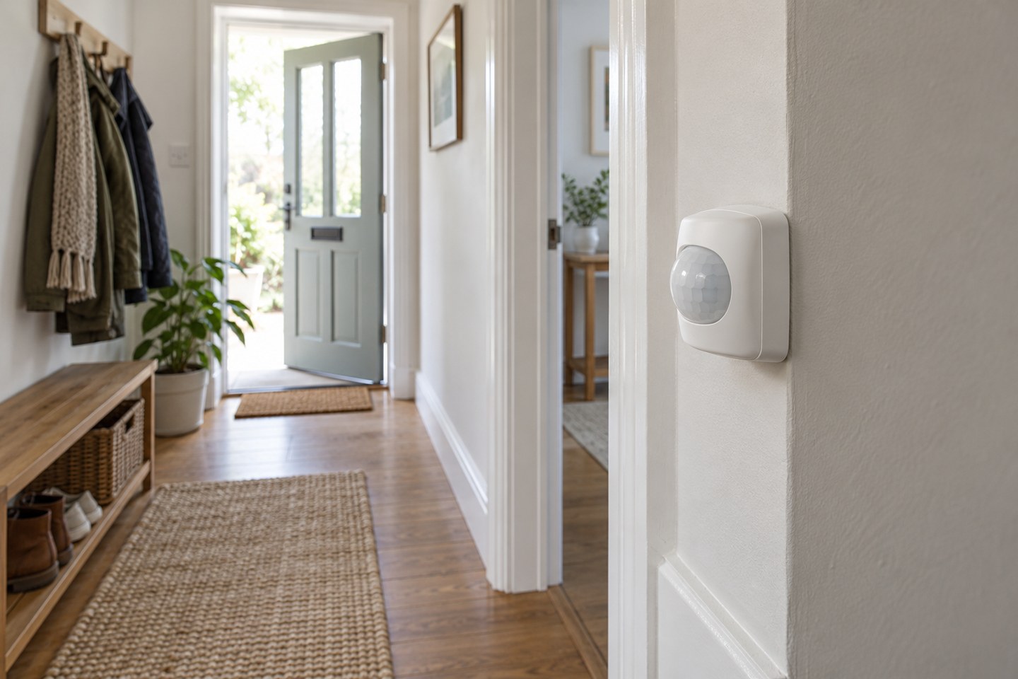 A motion sensor mounted in a home hallway