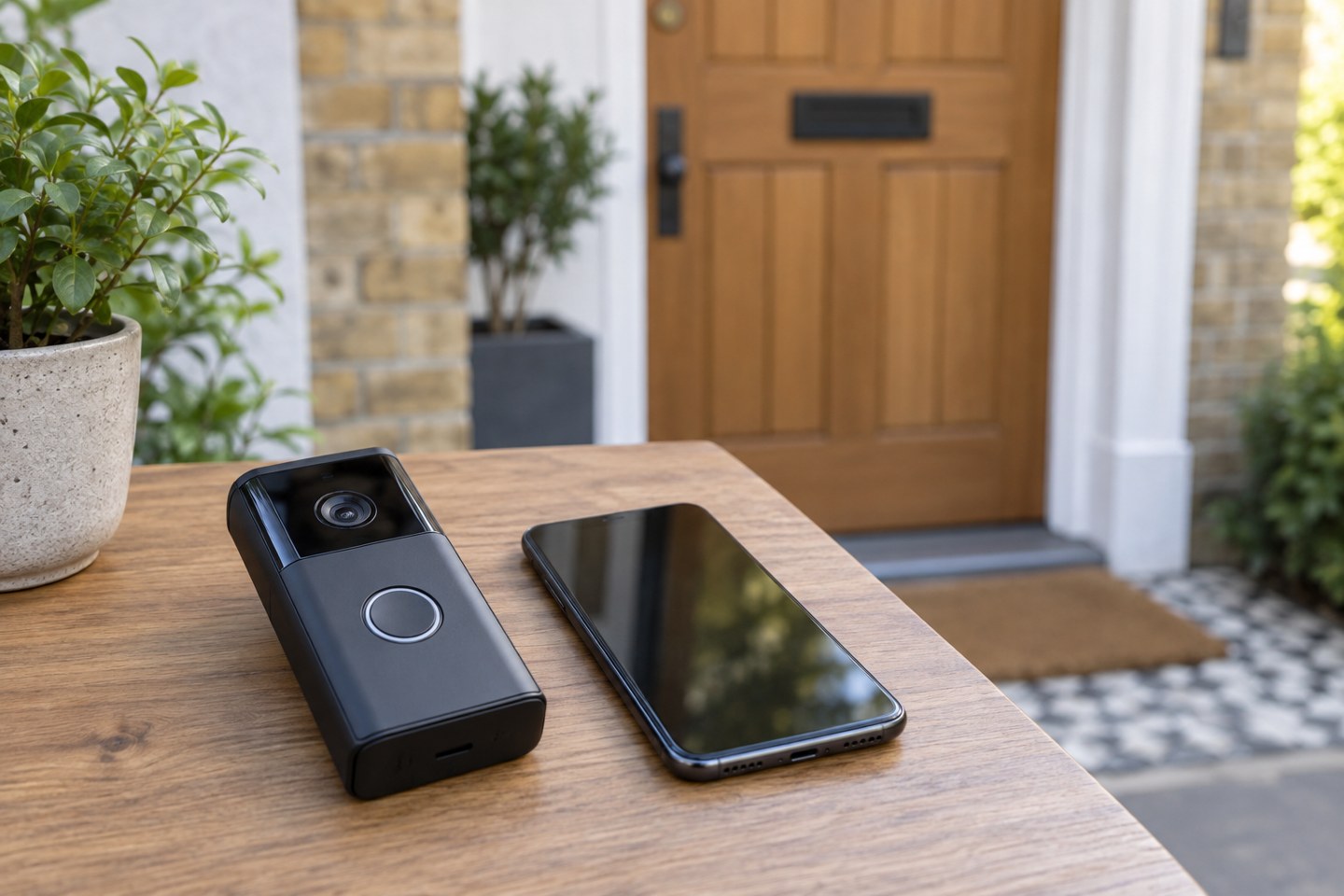 An uninstalled video doorbell beside a phone near a front door