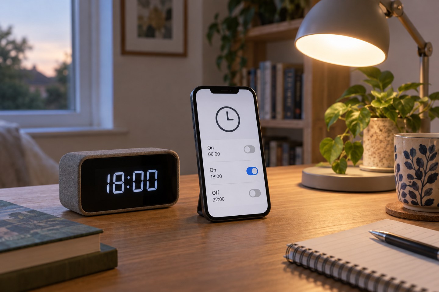 A clock and phone timer beside an illuminated lamp