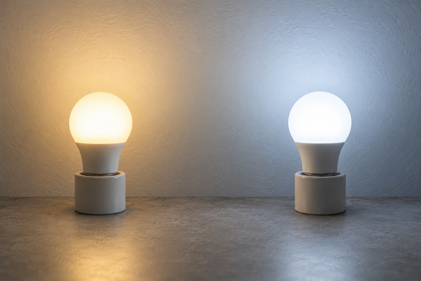 Two frosted smart LED bulbs showing warm and cool white light