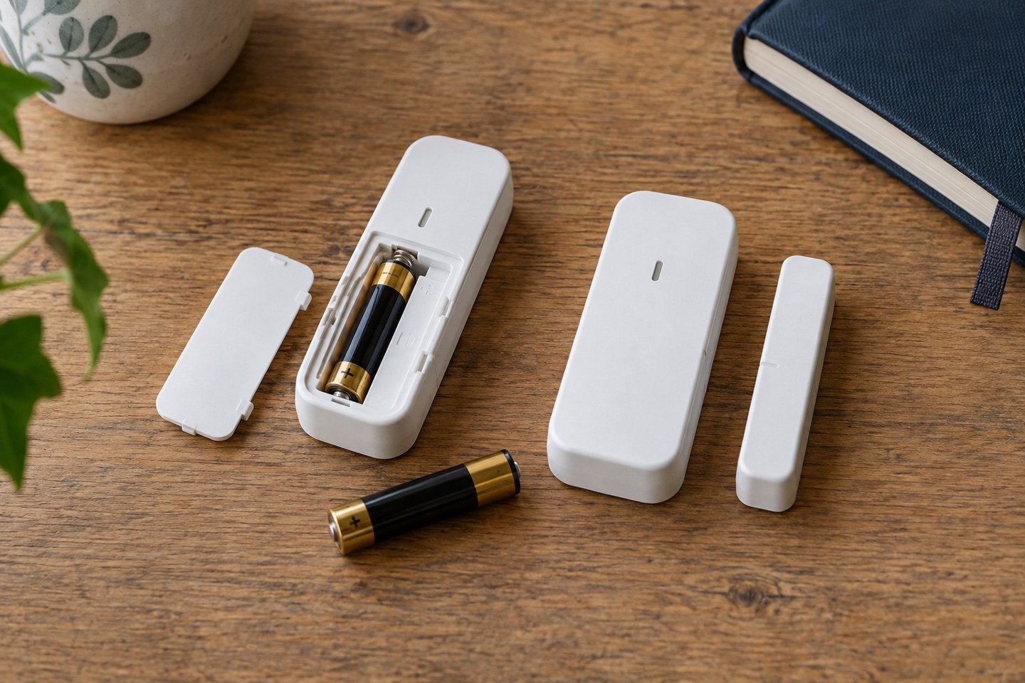 A contact sensor with its battery cover open beside spare batteries