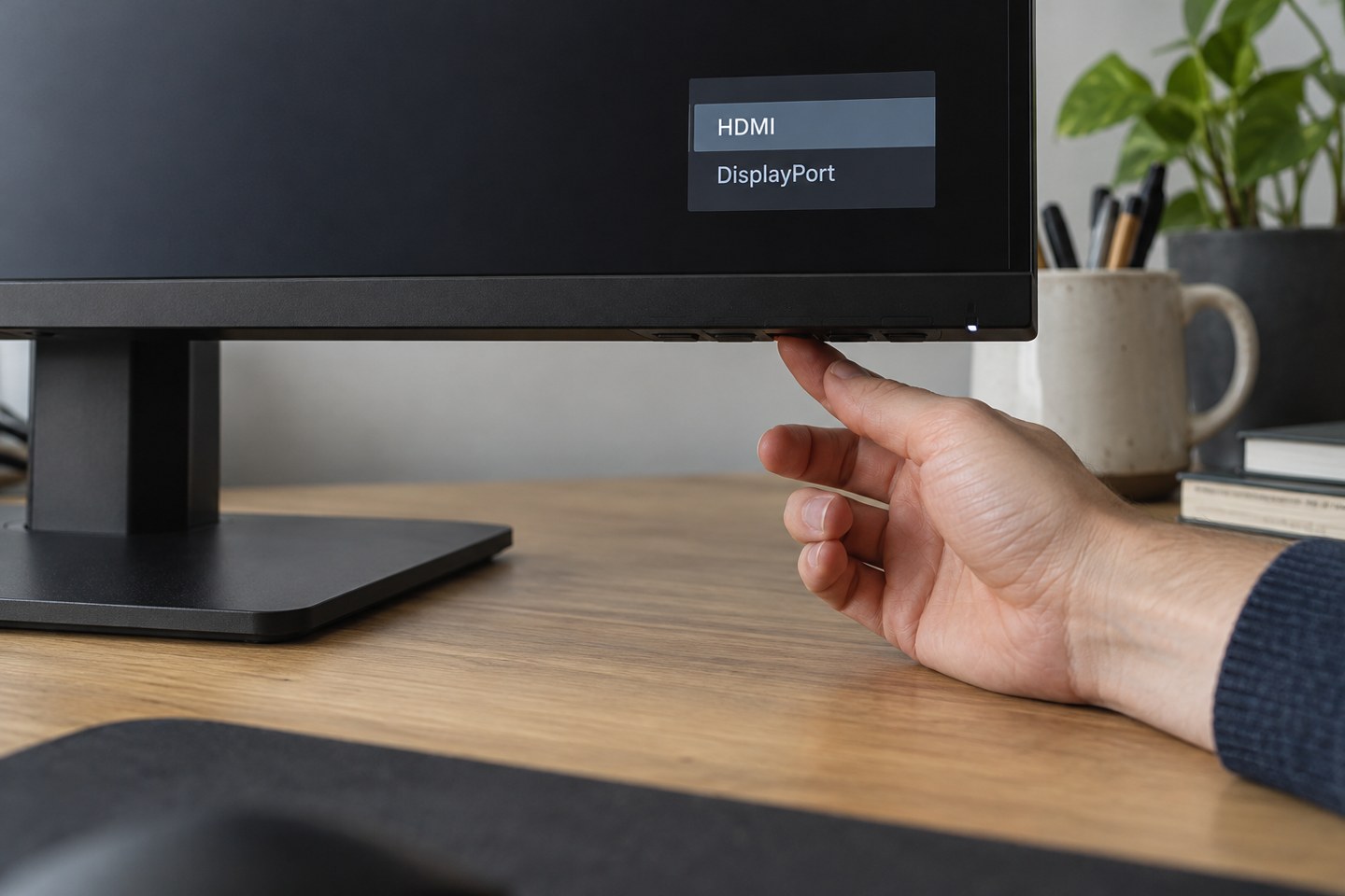A hand selecting the input menu on a monitor