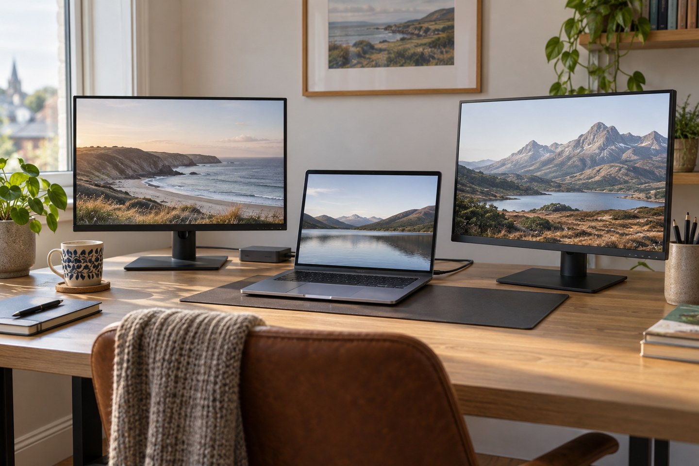 A laptop between two separate external monitors