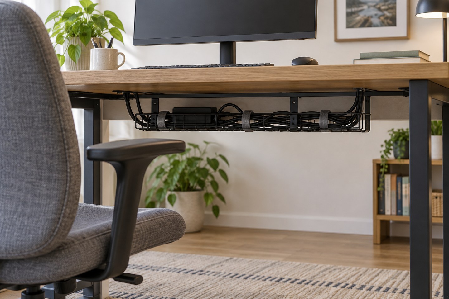 Loose cable bundles in an accessible tray beneath a desk