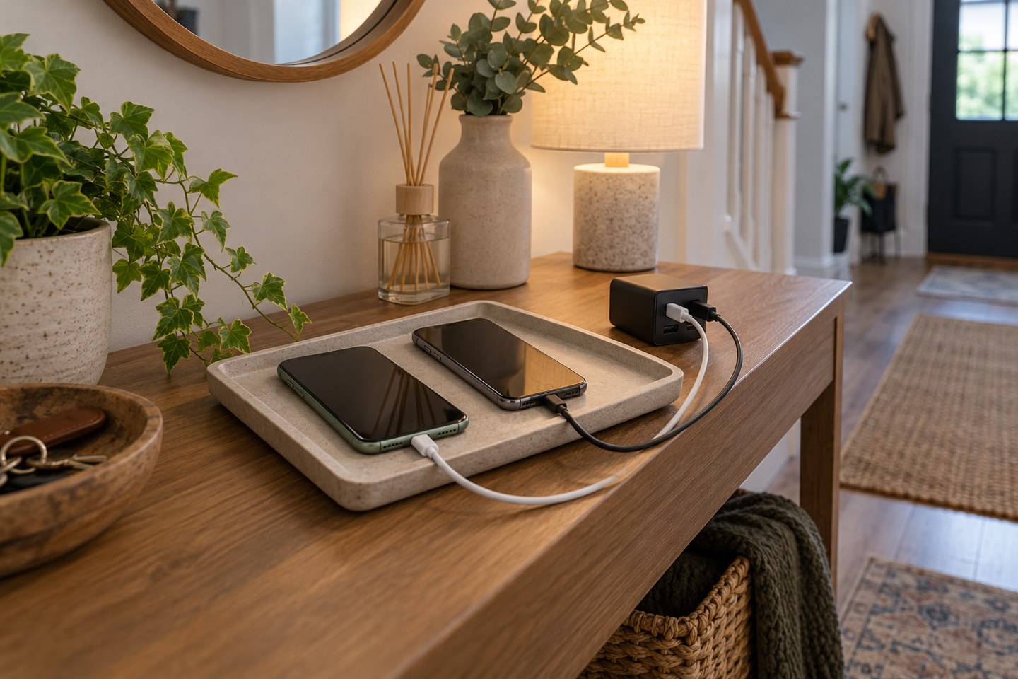 Two phones charging separately on a hallway tray