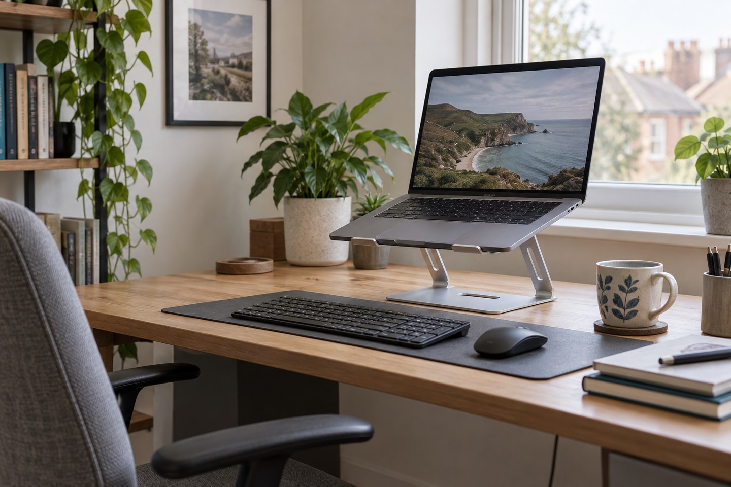 A laptop raised on a stand with a separate keyboard and mouse