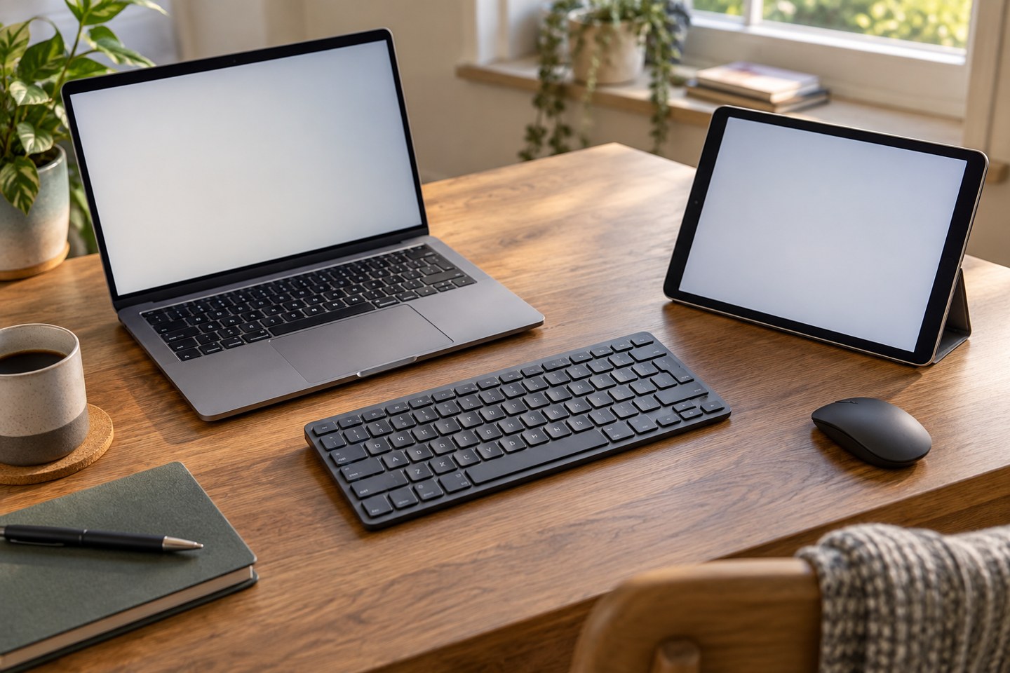 A wireless keyboard between a laptop and a tablet