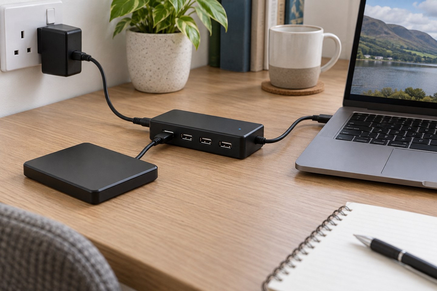 A powered USB hub connecting a laptop and external drive