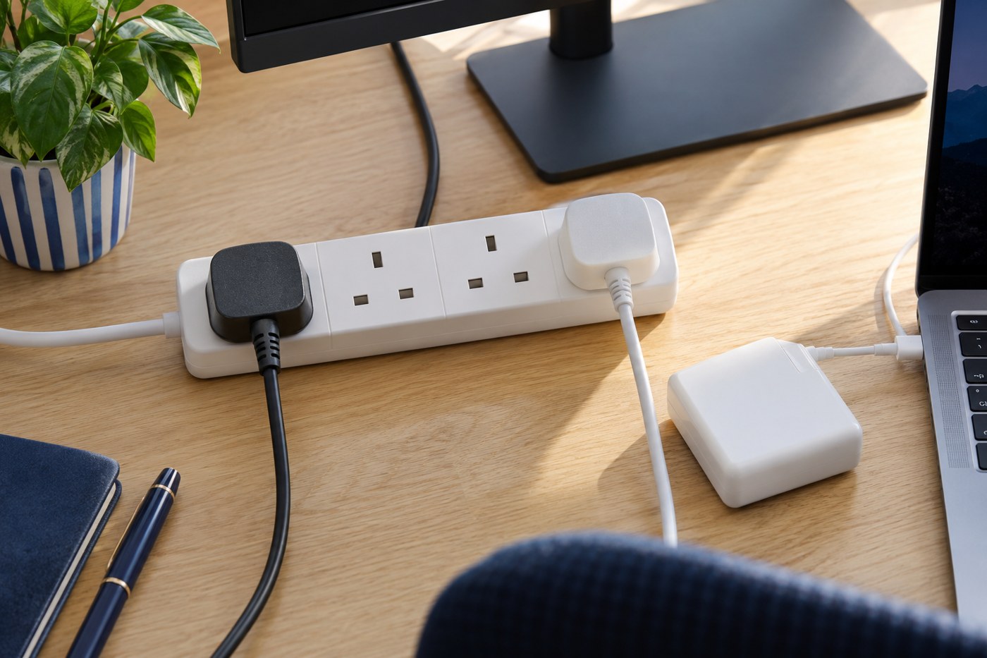 UK extension strip with two plugs connected beside a home desk