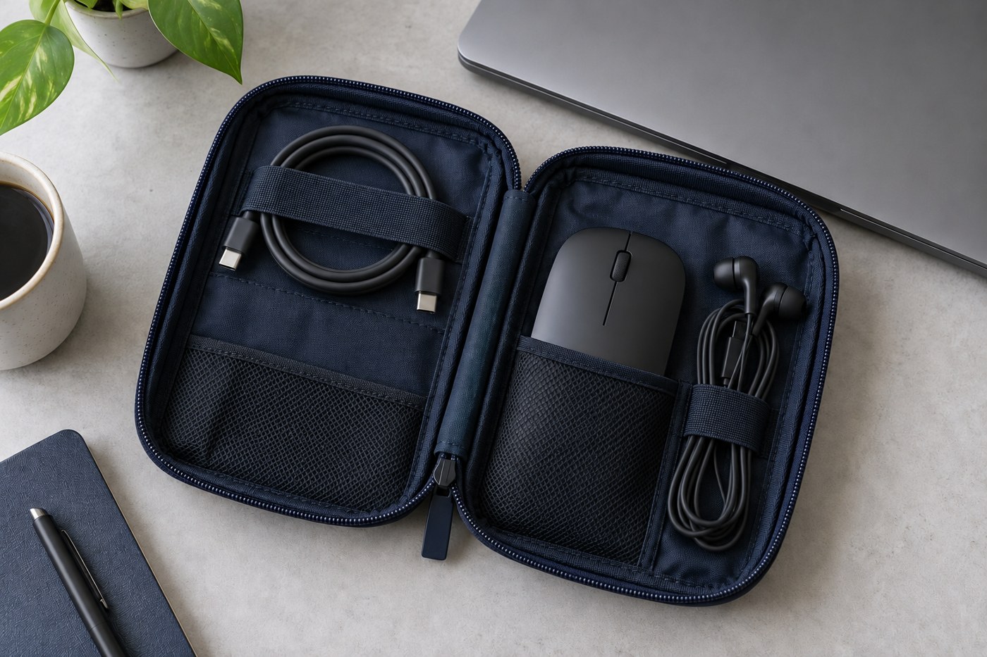 Open work-tech pouch containing a USB-C cable, mouse and wired earbuds