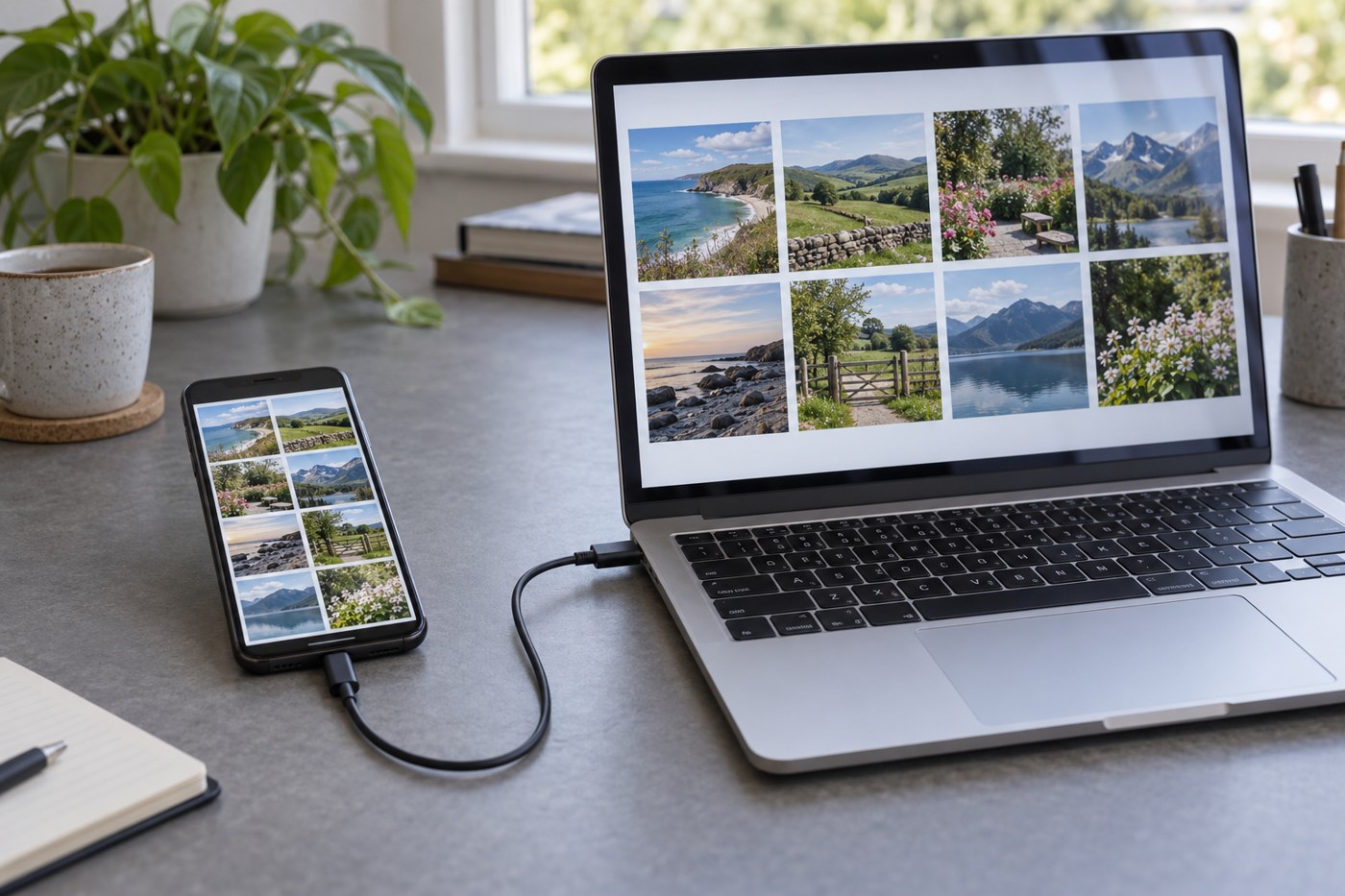 Illustrative phone and laptop displaying photo libraries while connected by cable