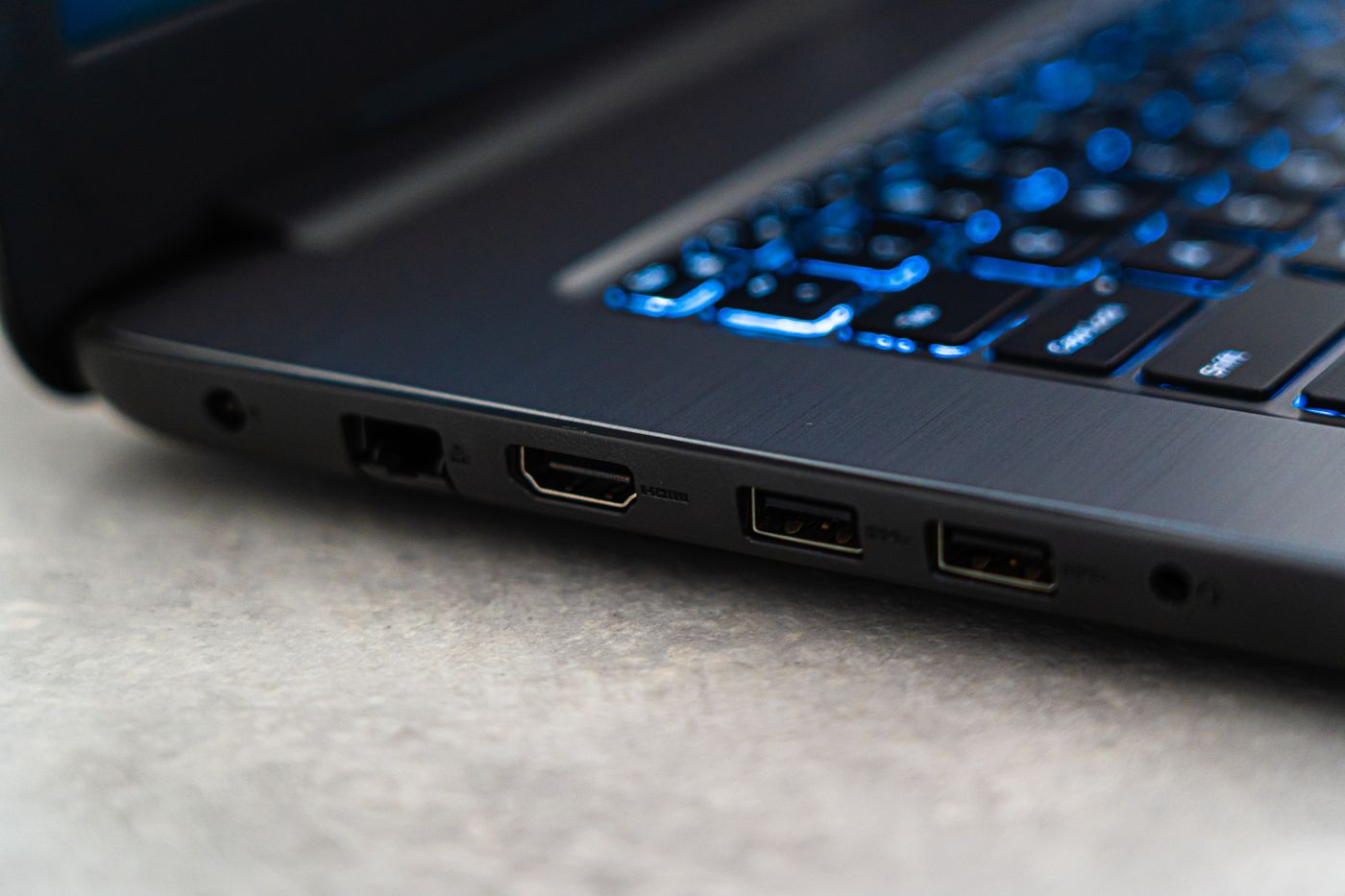 Close view of ports along the side of a laptop