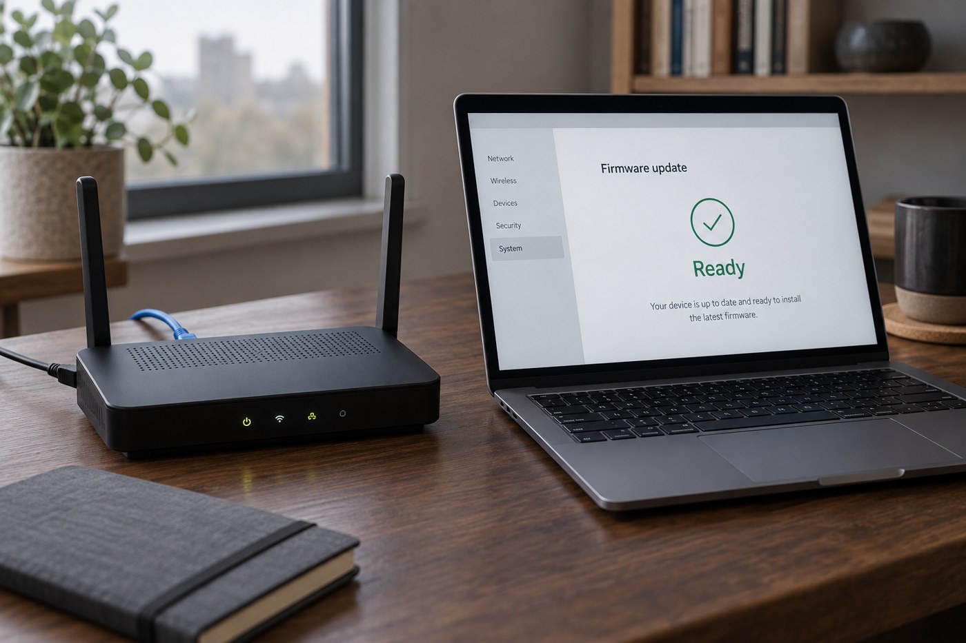 Illustrative router beside a laptop prepared for a firmware update