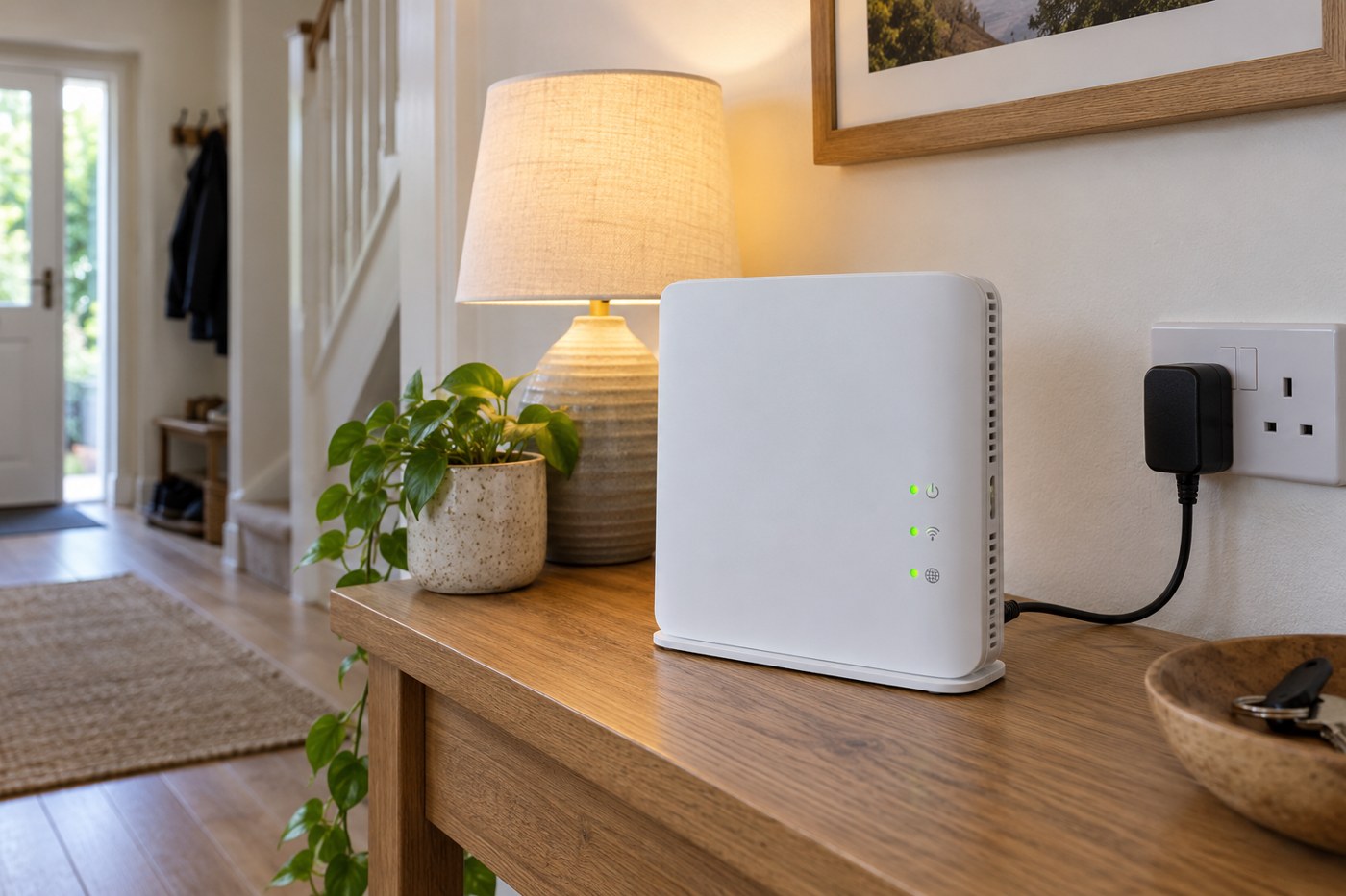 Illustrative home router powered from a UK wall socket
