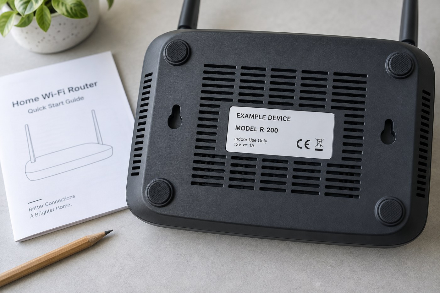 Illustrative model label on the underside of a router