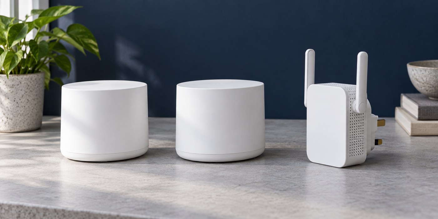 Illustrative pair of mesh nodes beside a plug-in range extender